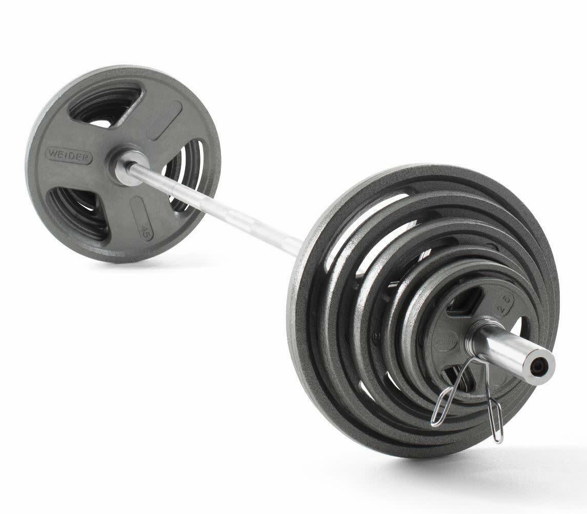 Weider Cast Iron Olympic Hammertone Weight Set Plates and 7' Bar 210 Lb