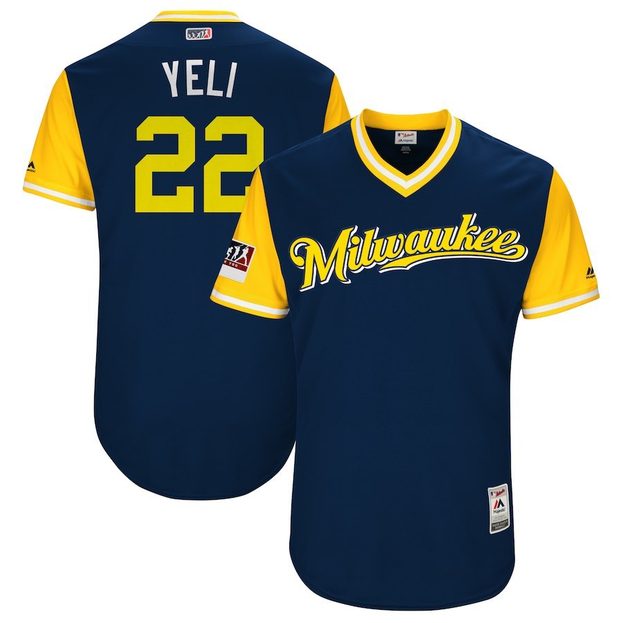 Men's Milwaukee Brewers 22 Christian Yelich "YELI" Jersey Navy Players