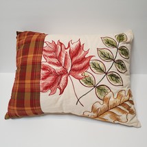 Decorative Pillow with Embroidered Fall Leaves, Autumn Plaid, 15" Rectangular image 1