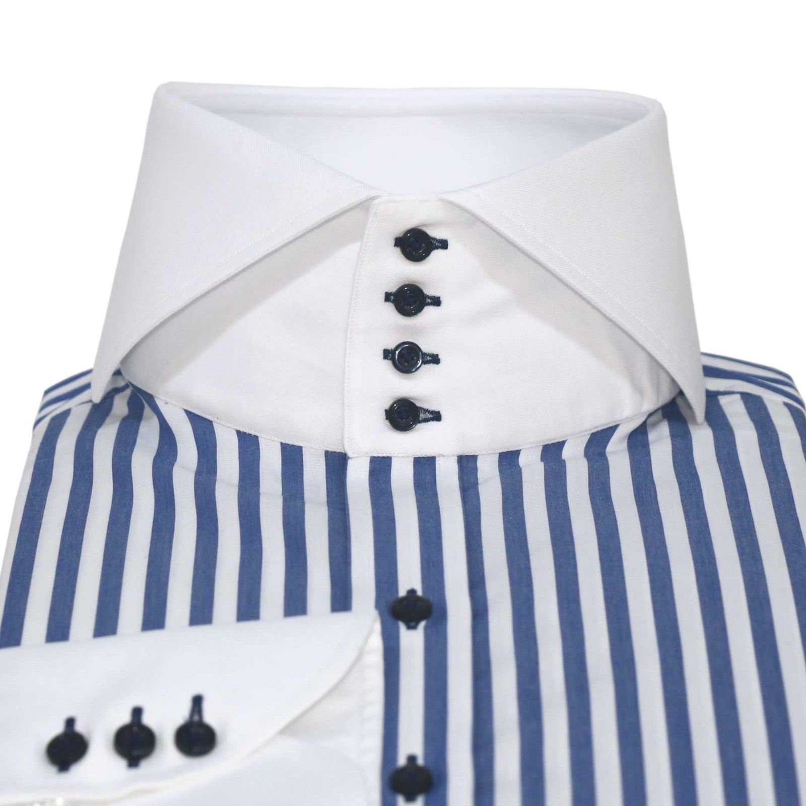 Mens High collar shirts Navy Blue stripes Bankers White Italian collar for Gents Dress Shirts