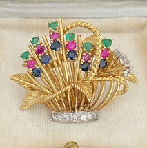Vintage 18K Gold Tutti Frutti Diamond Emerald Ruby Sapphire Flower Basket Brooch - $2,965.05