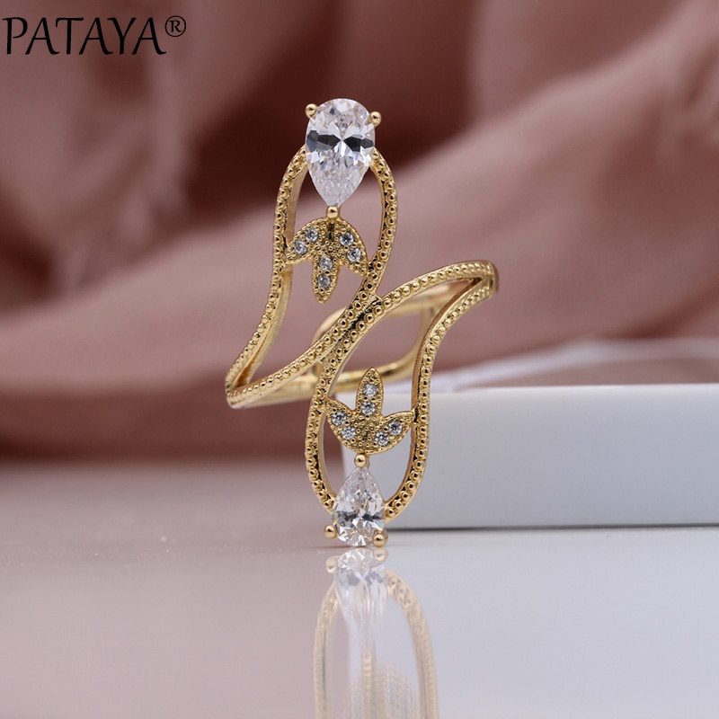 PATAYA New White Water Drop Natural Zircon Rings 585 Rose Gold Fashion Jewelry W