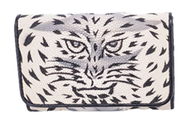 Genuine Stingray Skin Leather Short Trifold Women Wallet : White Tiger Pattern