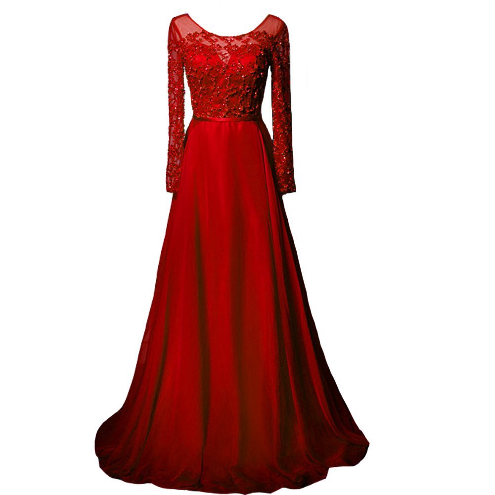 Kivary Sheer Long Sleeves A Line Plus Size Prom Dresses Beaded Evening Gowns Red