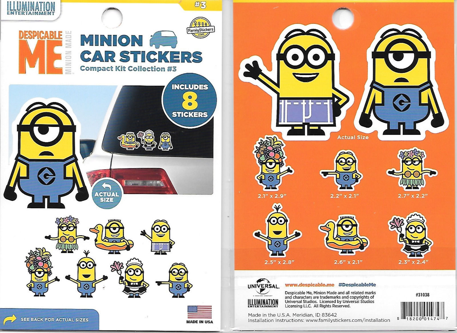 Despicable Me Set of 8 Minion Peel Off Car Stickers Kit Collection #3 ...