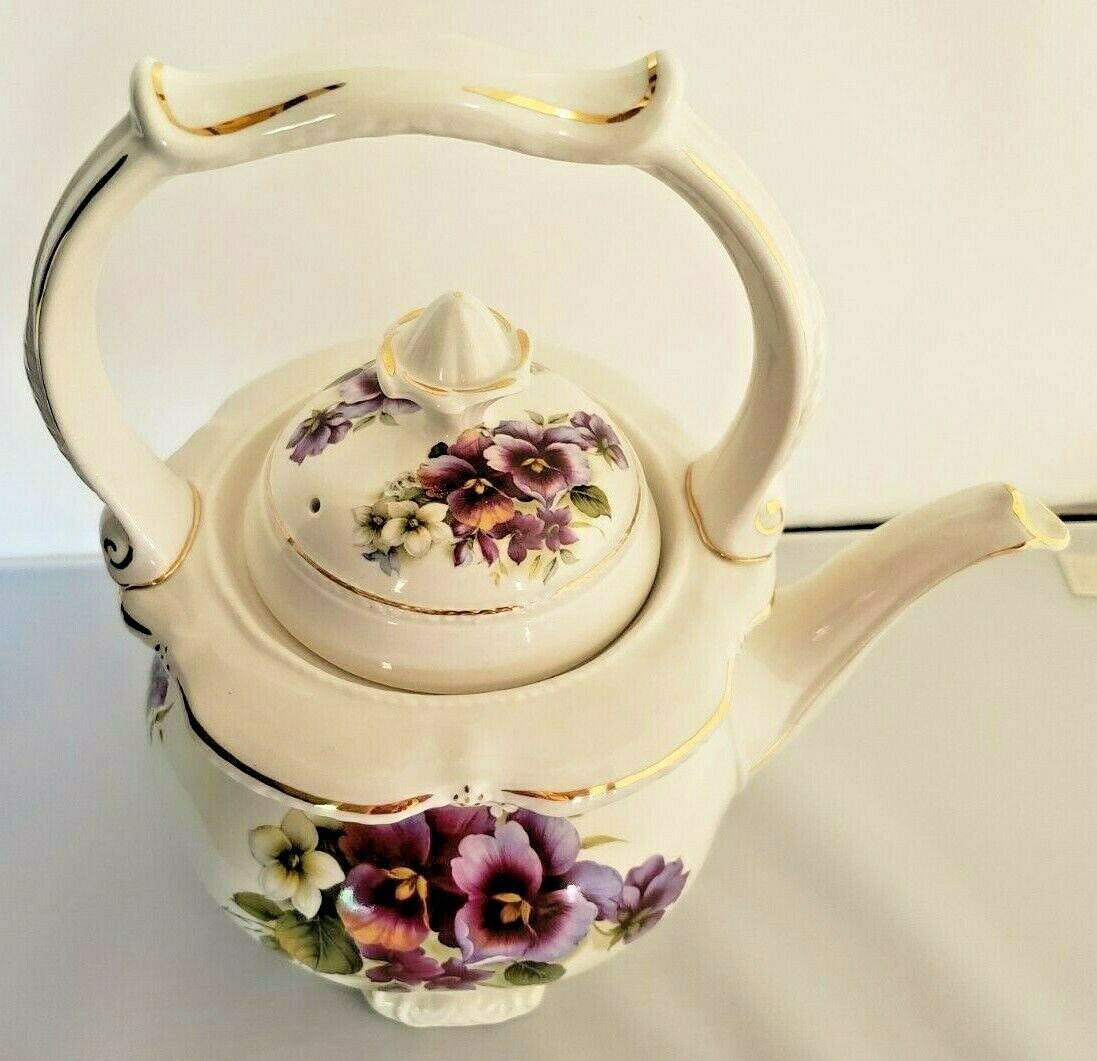 Vintage Teapot Purple Pansies Flower Pattern Crown Dorset Fine Bone China Made in England by Staffordshire Fine Ceramics
