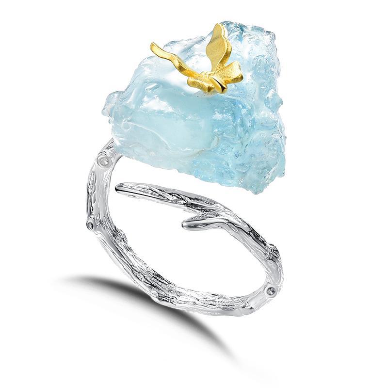 Butterfly Ring with Aquamarine  - Sterling Silver + 18K Gold