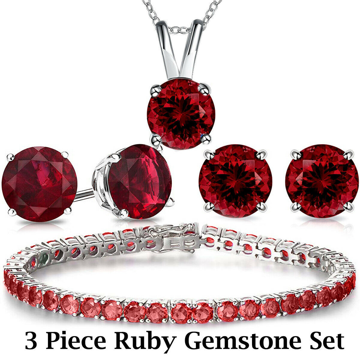 Women Silver Plated Heart Cut Ruby Red Cubic Zirconia CZ Tennis Bracelet 7.5