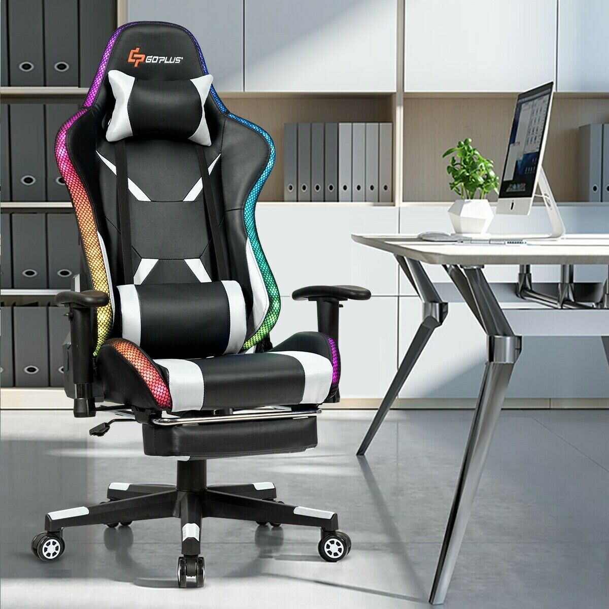 Massage Racing Gaming Chair Chair with RGB LED LightsWhite Chairs