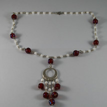 .925 RHODIUM SILVER NECKLACE WITH RED CRYSTALS AND WHITE AGATE image 2