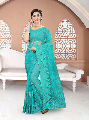 Designer Turquoise Resham Embroidery Moti Stone Work Net Sari Party Wear Saree