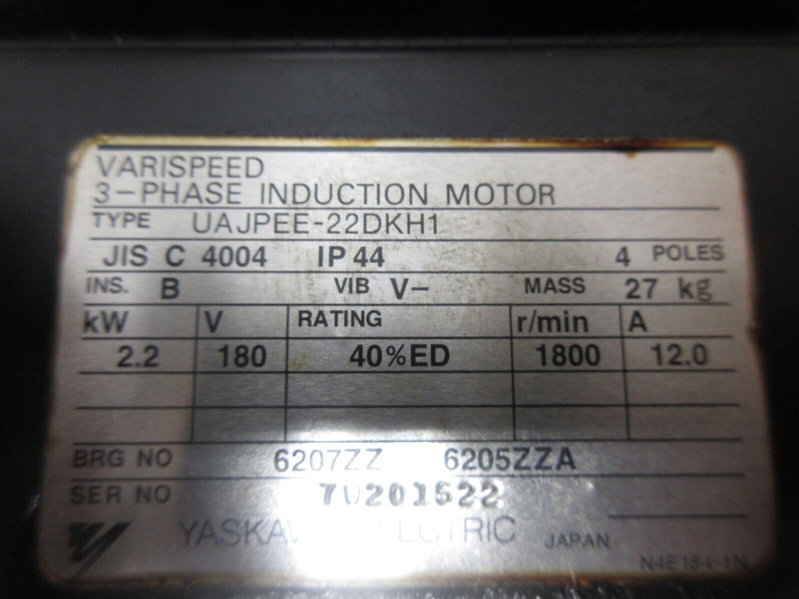 YASKAWA VARISPEED 3-PHASE INDUCTION MOTOR UAJPEE-22DKH1 JIS C 4004 IP44 ...