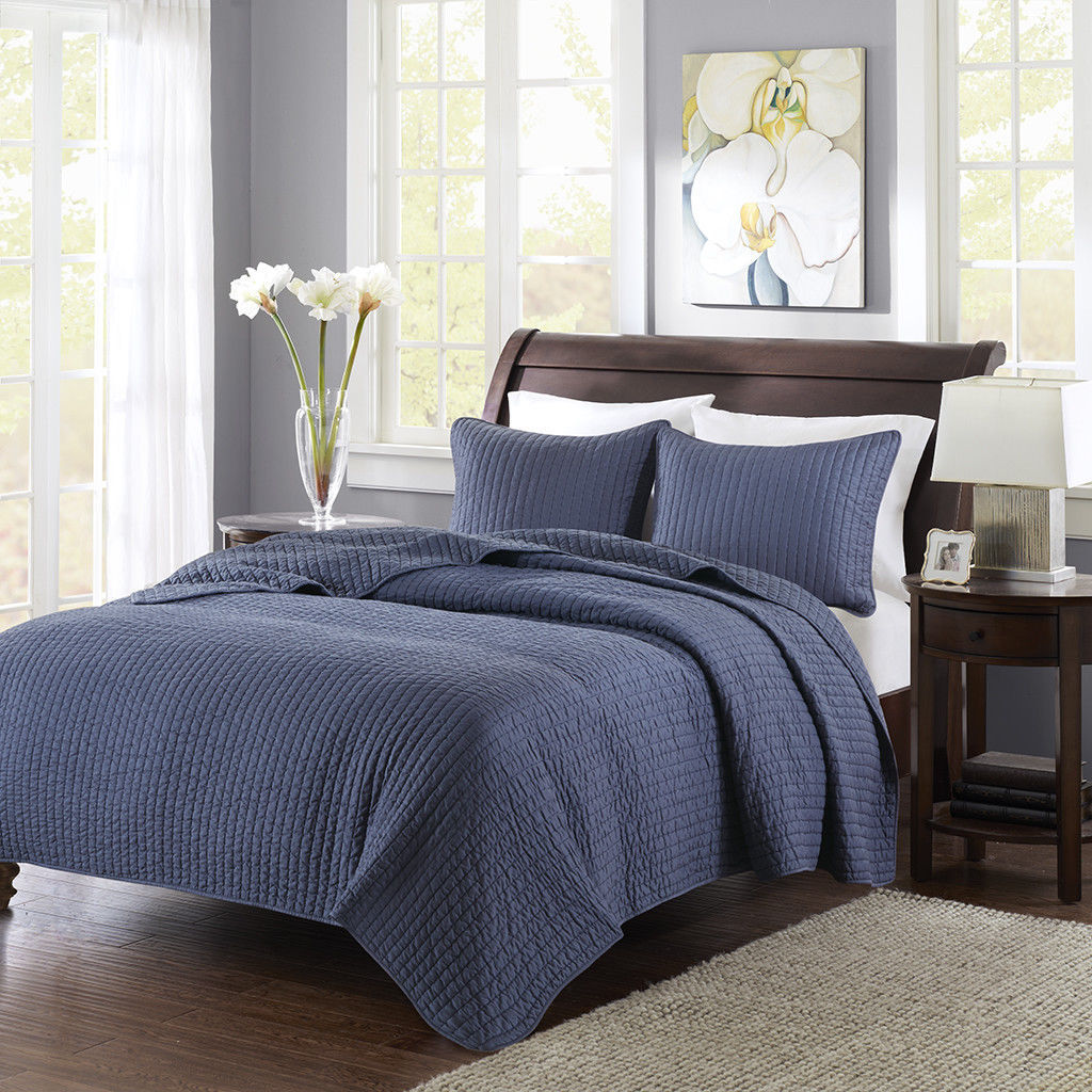 Soft Cozy Modern Solid Navy Blue Striped Stripe Coverlet Set Quilt Set
