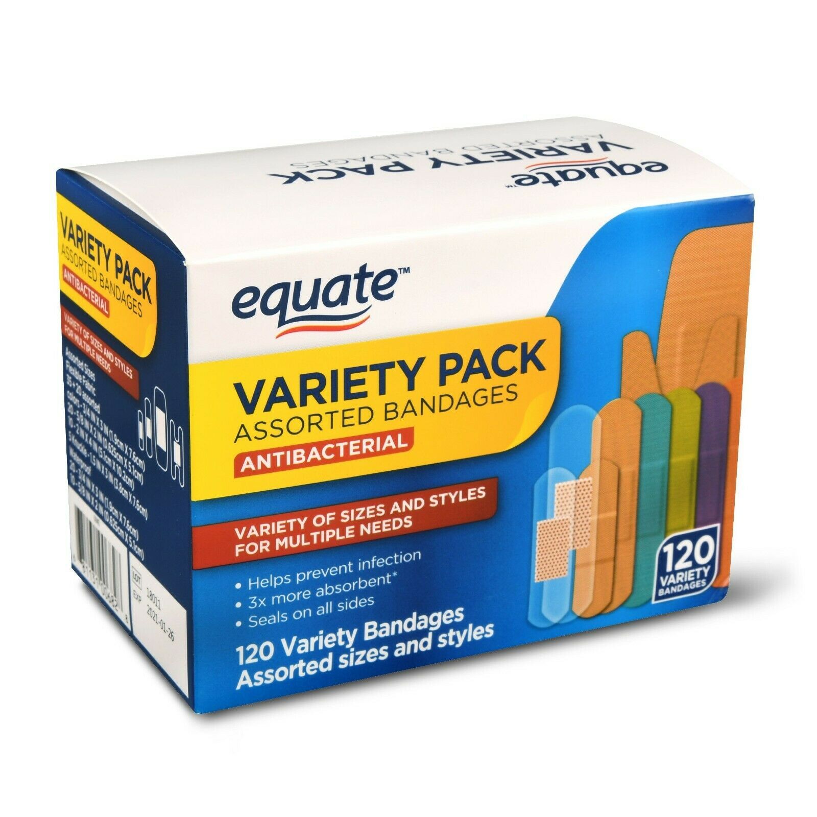 Equate Antibacterial Assorted Bandages Variety Pack, 120 Count