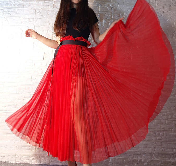 Pleated Tulle Midi Skirt Outfit Women Red High Waisted Pleated Tulle Skirt