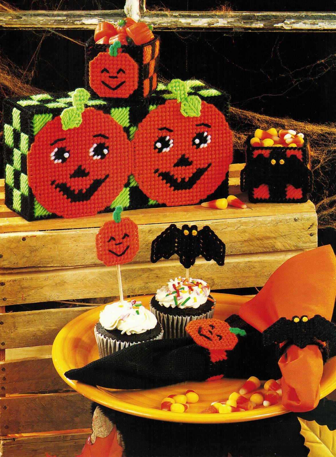 Plastic Canvas Halloween Pumpkin Patch Table Set Favor Bags Spooky ...