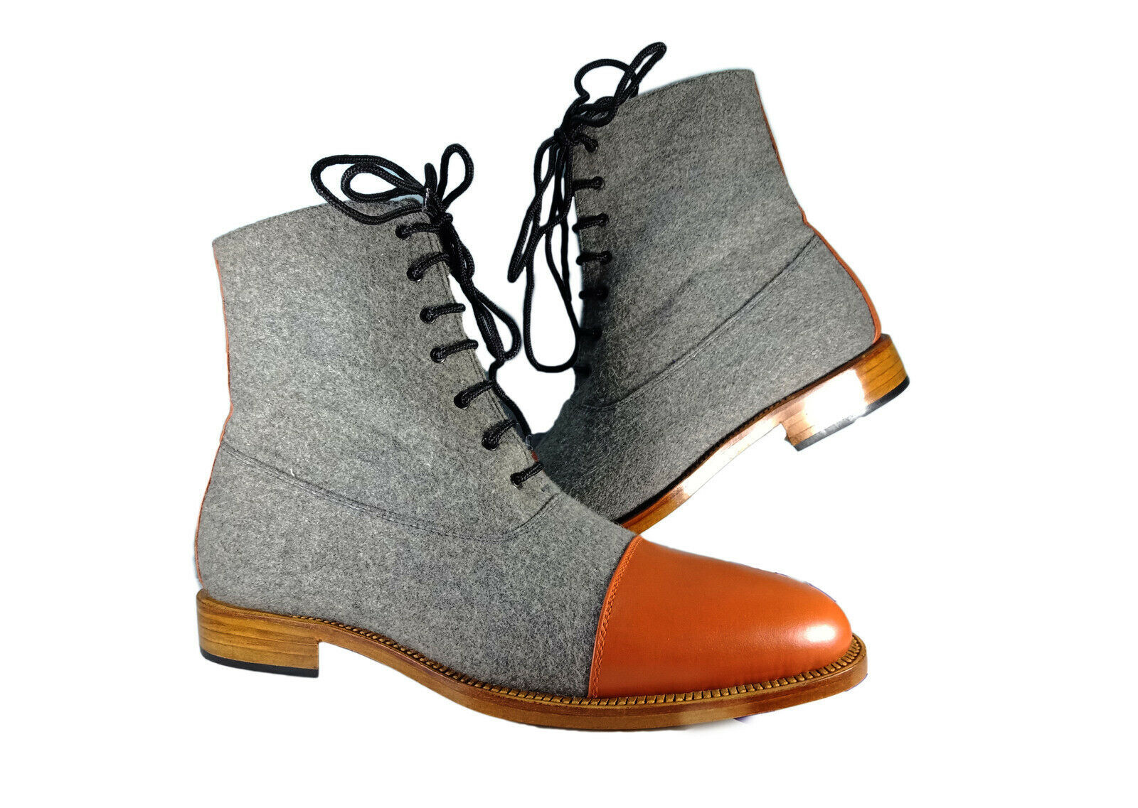 Magnificiant Gray Tweed Orange Tone Cap Toe Leather Men High Ankle Lace Up Boots
