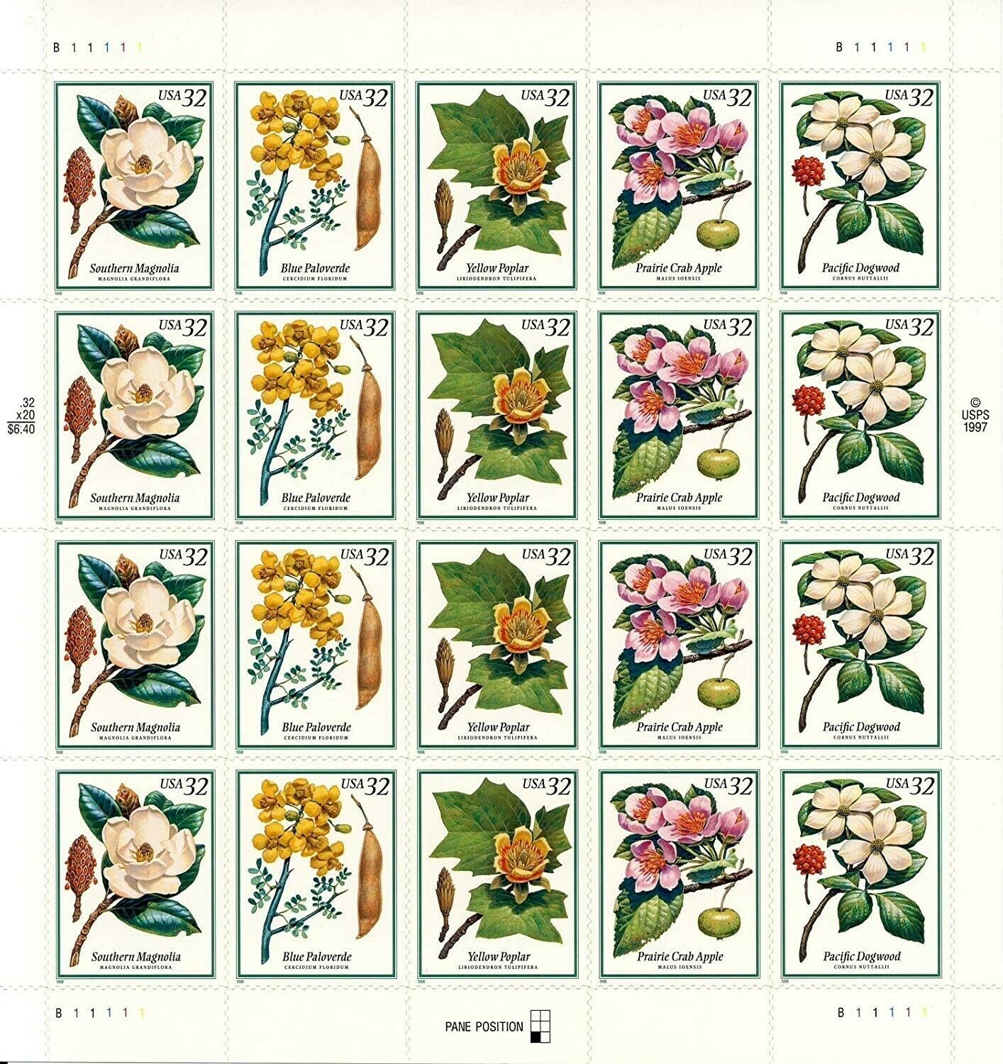 Flowering Trees Full Pane of Twenty 32 Cent Postage Stamps Scott 3193-97