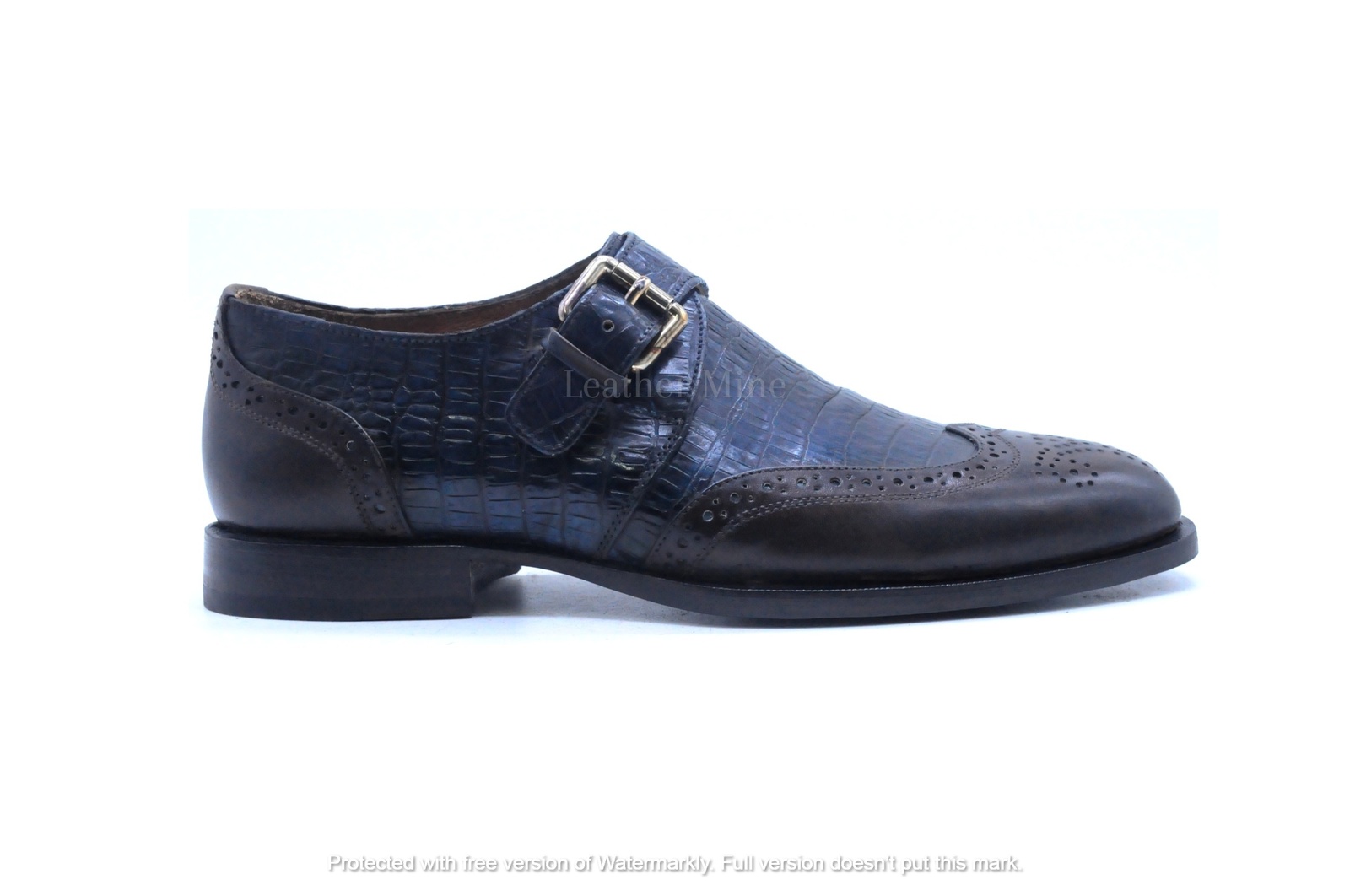 Blue Wingtip Monk Strap Dress Shoes For Men, Genuine Leather Custom Shoes