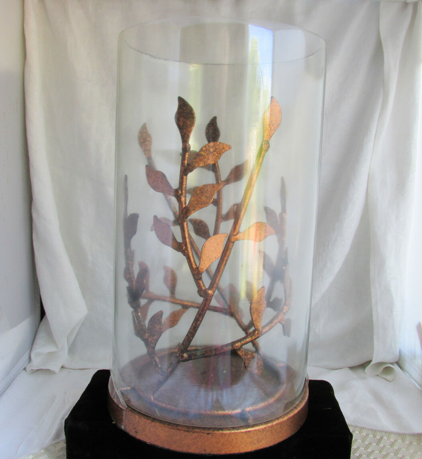 Pier 1 Copper Plate Metal Hurricane Candle Holder Clear Glass Heavy