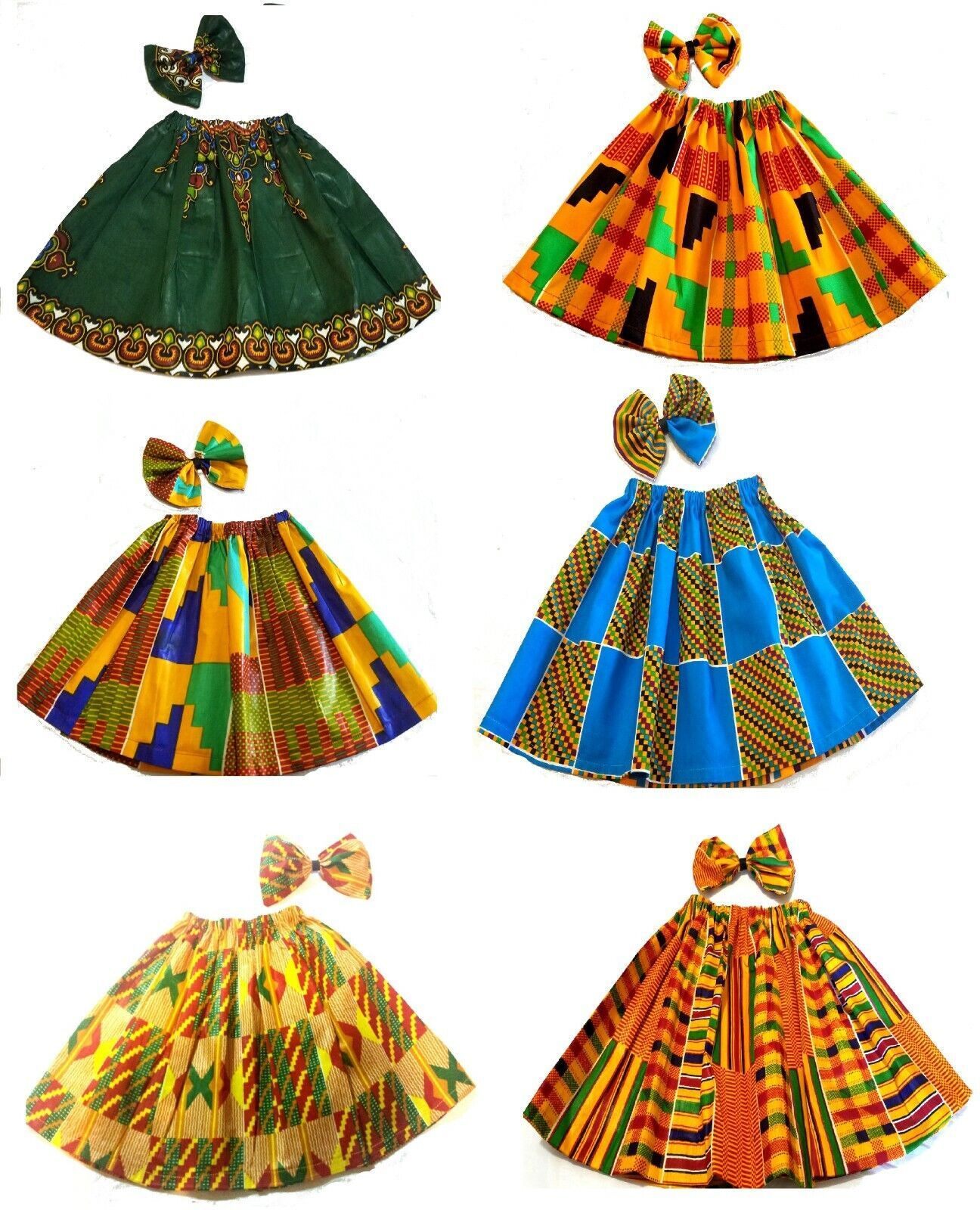 Handmade - 2 pcs african print kids kente ankara above knee skirt & clip bow