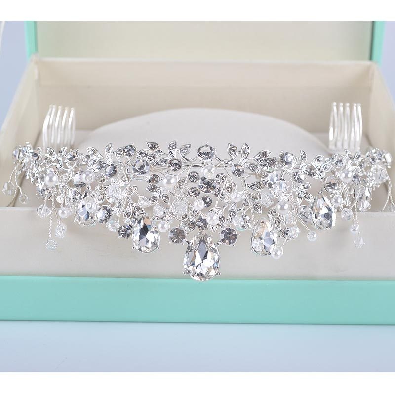 New Rhinestone pearl design bridal crown handmade champagne tiara headband cryst