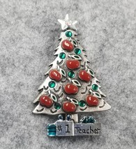 VTG KC Pewter Christmas Tree Brooch Pin #1 Teacher Red Apples Green Rhin... - $18.99