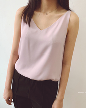 Women V Neck Beige Chiffon Tanks Tops Summer Sleeveless Chiffon Tanks US0-US12 image 5