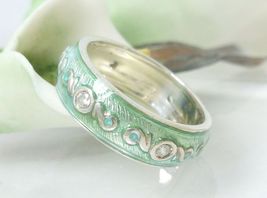 Diamonique Sterling Silver Turquoise Green Blue Enamel Eternity Band Ring Size 7 - $45.00