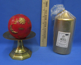 Vintage Brass Tone Candle Holder Pedestal New Gold Pillar Red Ball Candles - $13.16