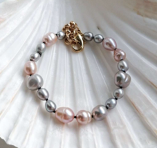 Pink gray pearl bracelet, irregular pastel beaded bracelet, gift for her - $67.00