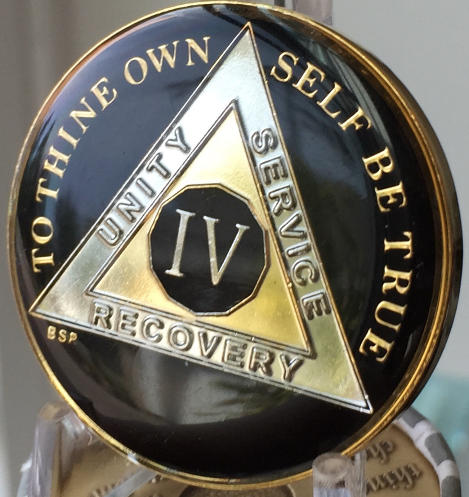 4 Year Classic Black AA Medallion Alcoholics Anonymous Chip Gold Tri-Plate Four