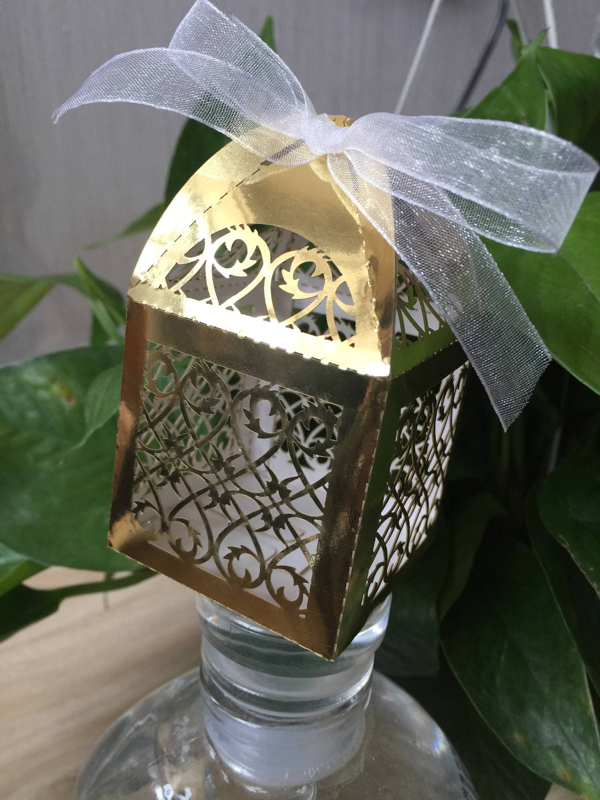 100pcs Metallic Gold Laser Cut Gift Packaging Boxes With Ribbon,Wedding Favors