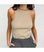 Beige casual cotton ribbed sleeveless summer women crop top tank blouse - $26.00
