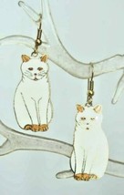 Charming Genuine Cloisonne Enamel Sitting White Cat Earrings 1970s vintage - $17.95