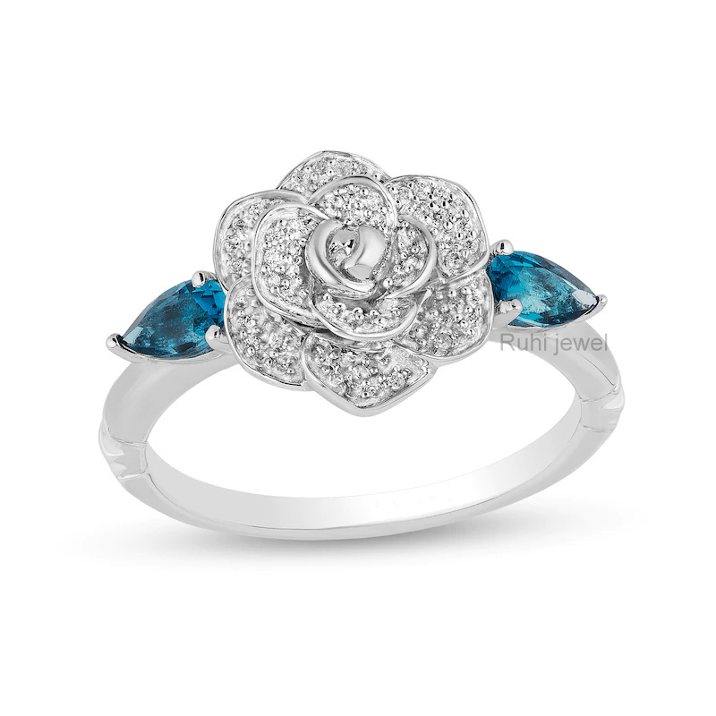 Enchanted Disney Cinderella Shaped Blue Topaz 1/10 CT.Diamond Ring in 925 Silver