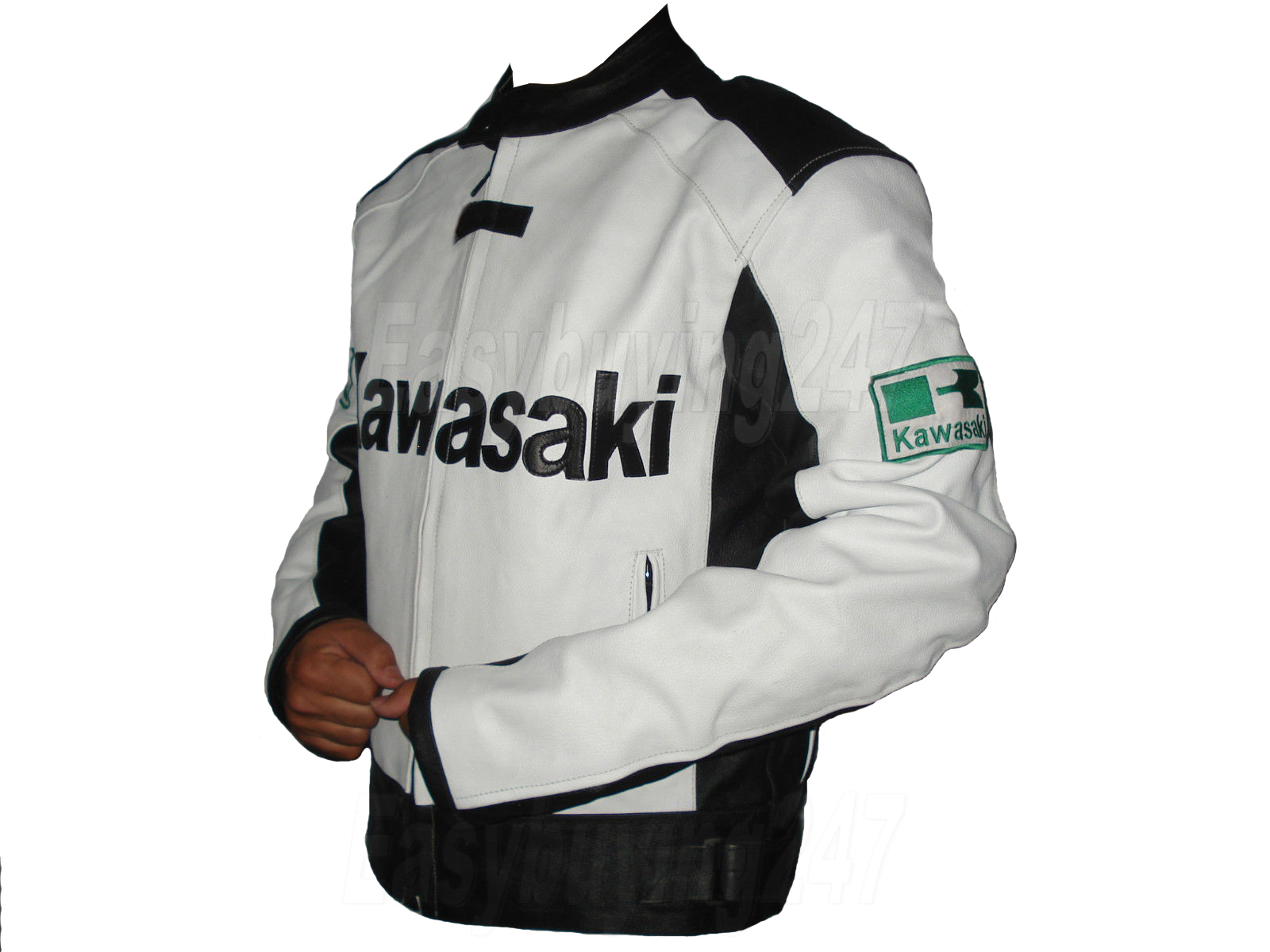 Men White Kawasaki Handmade Leather Jacket Motorcycle Bike Rider Racing