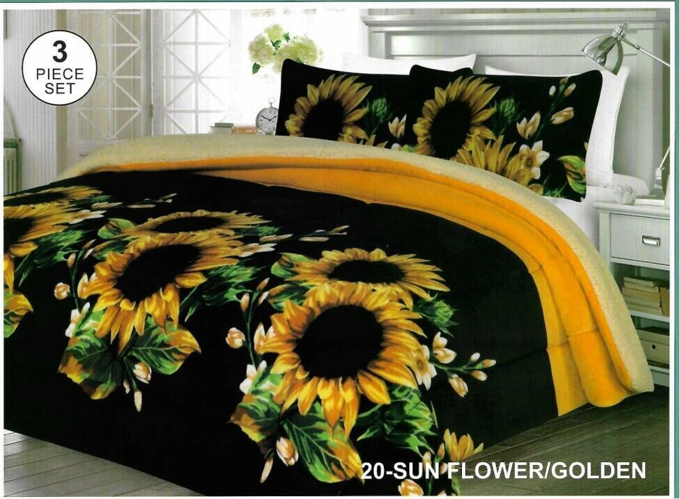 SUNFLOWERS BLANKET WITH SHERPA VERY SOFTY THICK AND WARM 3 PCS QUEEN SIZE