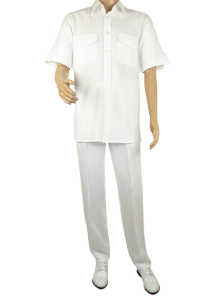 mens 2pc linen walking Set By Apollo King Summer Leisure suit SL206 White New