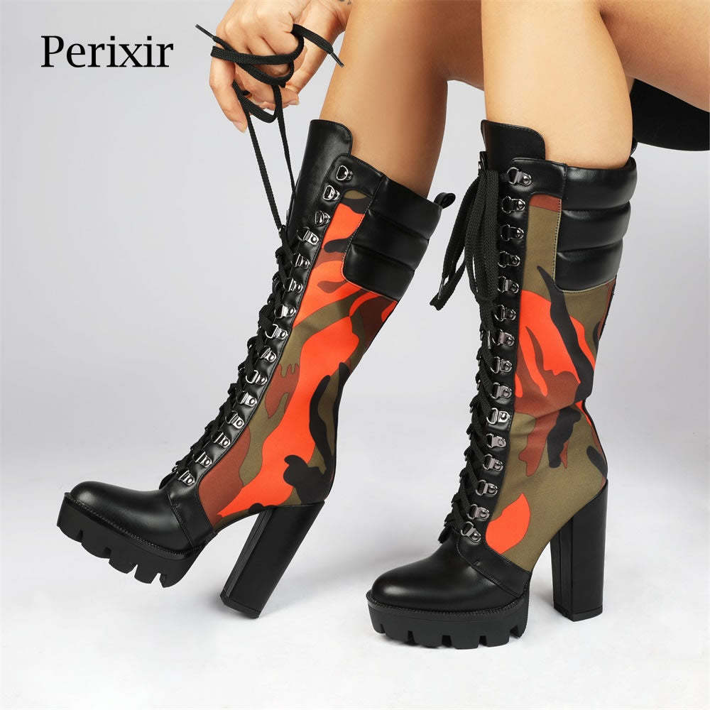 Perixir Winter Camouflage Knee-High Heeled Boots