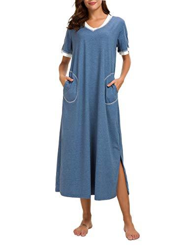 AVIIER Long Nightgown Womens Lounge Dresses with Pockets V Neck Short ...