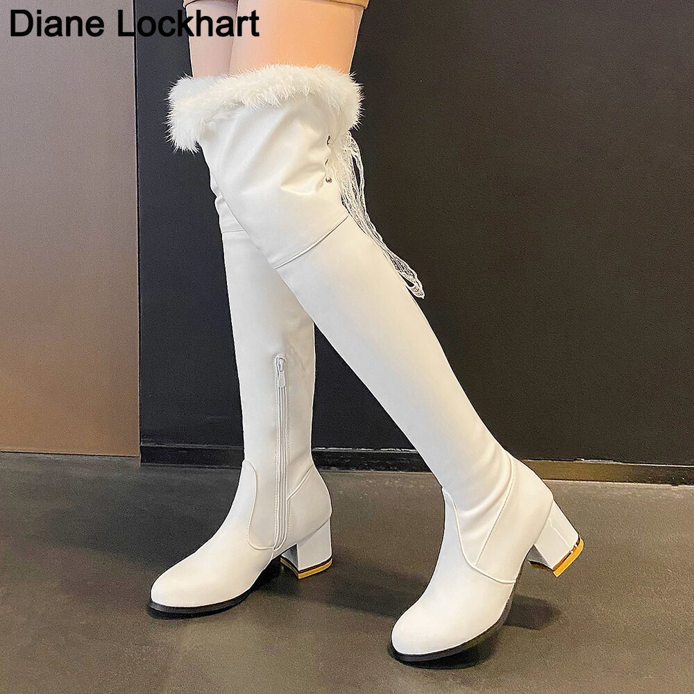 Onewus Women's Over The Knee Synthetic Fur Boots - Rubber Sole, Approx. 8.5cm Heel - View #6