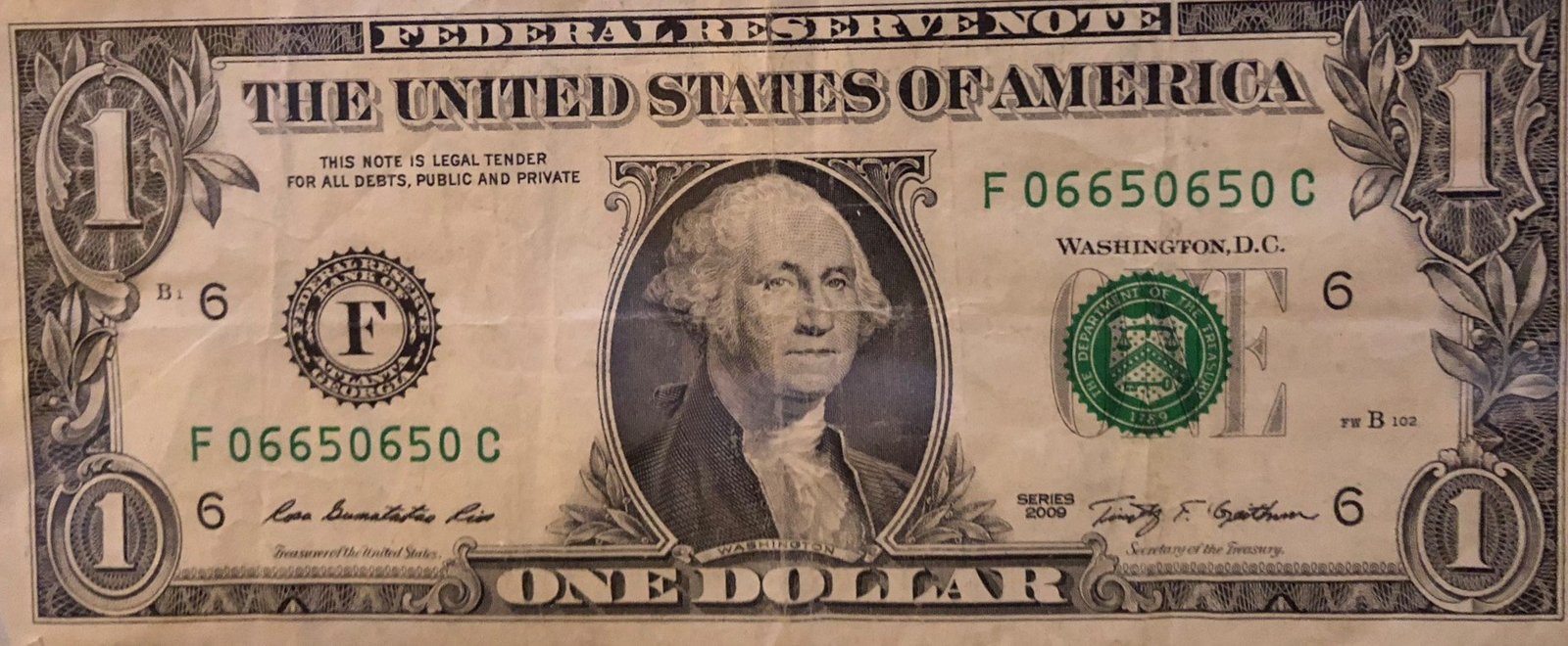 2009 Trinary 1 Dollar Bill - Federal Reserve Notes