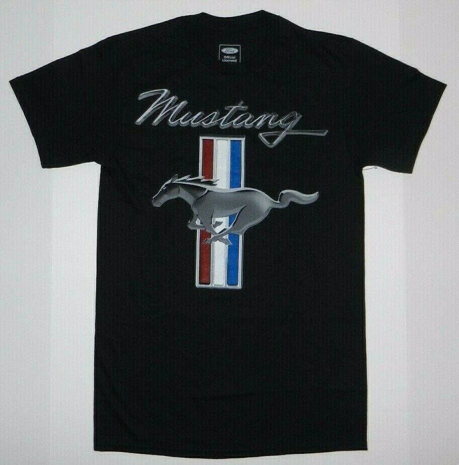 Ford Mustang Symbol Classic Striped Logo Black T-Shirt - T-Shirts