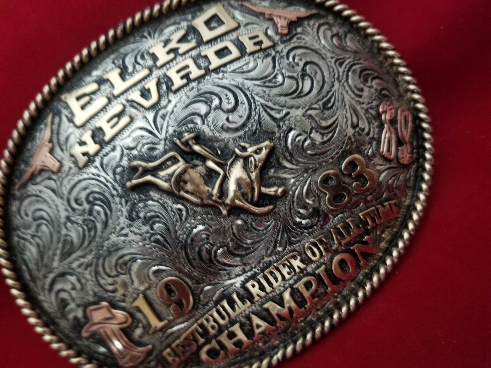 1983 TROPHY RODEO BELT BUCKLE~ELKO NEVADA BULL RIDING CHAMPION~VINTAGE ...