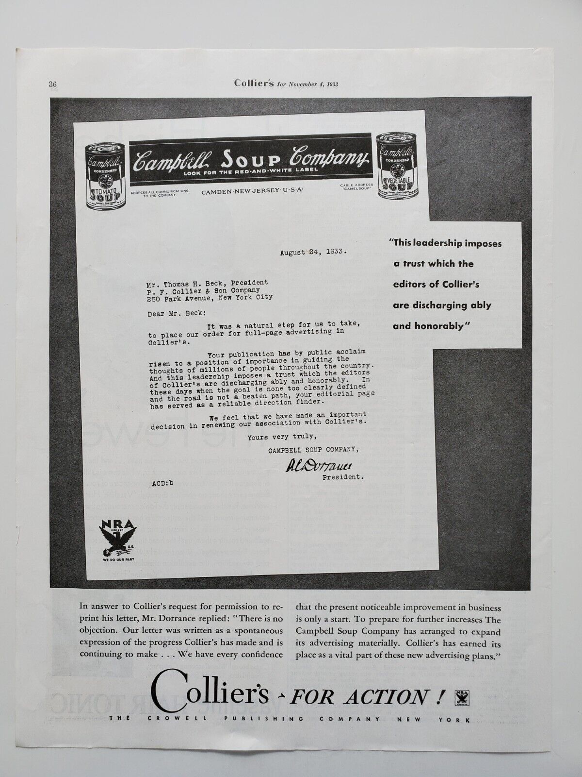 Crowell Publishing Campbell Soup Advertising Contract 1933 Vintage Print Ad - $9.79