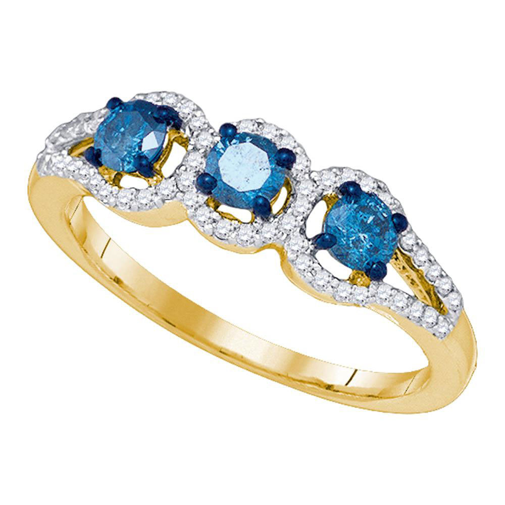 10k Yellow Gold Round Blue Diamond 3-stone Bridal Wedding Engagement Ring 5/8