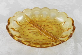 Vtg Indiana Glass Oval Divided Relish Dish Amber Thumbprint Scalloped Ed... - $10.99