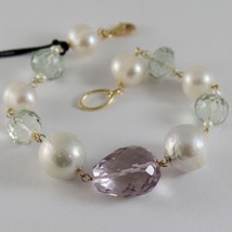 18K YELLOW GOLD BRACELET WITH BIG WHITE PEARLS AMETHYST PRASIOLITE MADE IN ITALY image 1