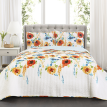 Lush Decor Percy Bloom Floral Cotton Reversible Quilt, Full/Queen, Tangerine/Blu image 1
